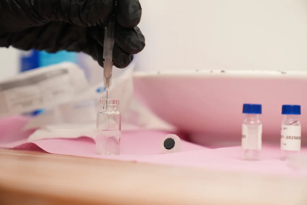Gloved clinician drawing pluripotent exosome solution from a glass vial before treatment at Blast Institute