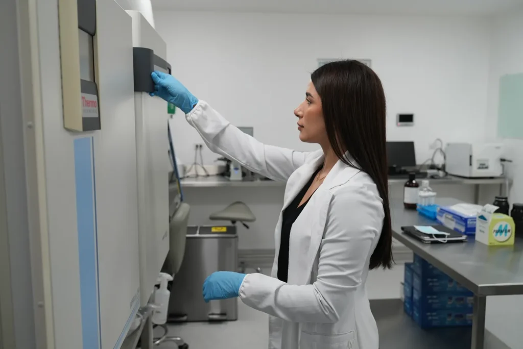 Blast Institute lab scientist in a white coat opening a laboratory incubator